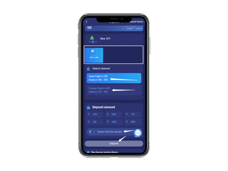 Adding a deposit to the Daman Games wallet by UPI to activate the welcome bonus
